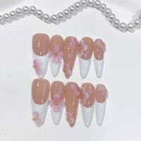 Ongles en acrylique de style français en forme d'amande, couverture complète, sculptés en 3D, motif léopard, coquillage marin, vente en gros, faits à la main