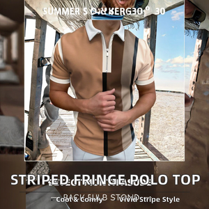 T-shirt décontracté d'été pour homme en polyester tricoté, imprimé rayures colorées, avec fermeture éclair à franges, respirant, manches courtes, 200g, devant - Product Image 2