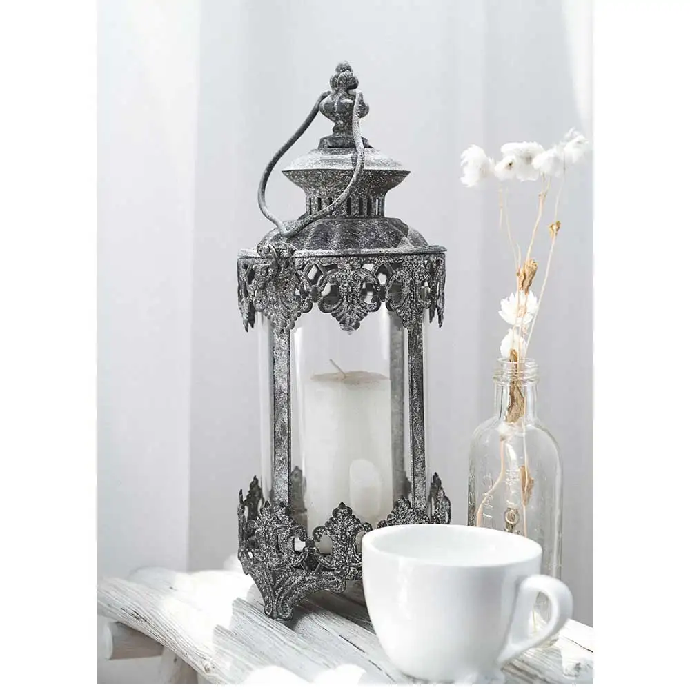 Железный стеклянный подсвечник, декоративный серый фонарь для свечи, оптовая продажа, садовый полый металлический домашний декор, пасхальный серый