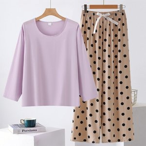 Women's Loose Long Sleeve Top And Printed Wide Leg Pants Set XL4XL3XL2XL Polyester Spring Autumn Wear - Product Image 2