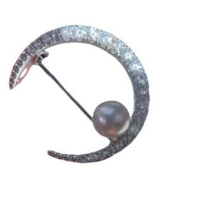 New Retro Minimalist Curved Crescent <b>Brooch</b> with 8 Natural Freshwater Akoya Pearls Crystal Chest Accessory with <b>Pin</b> Type Jewelry - Product Image 5