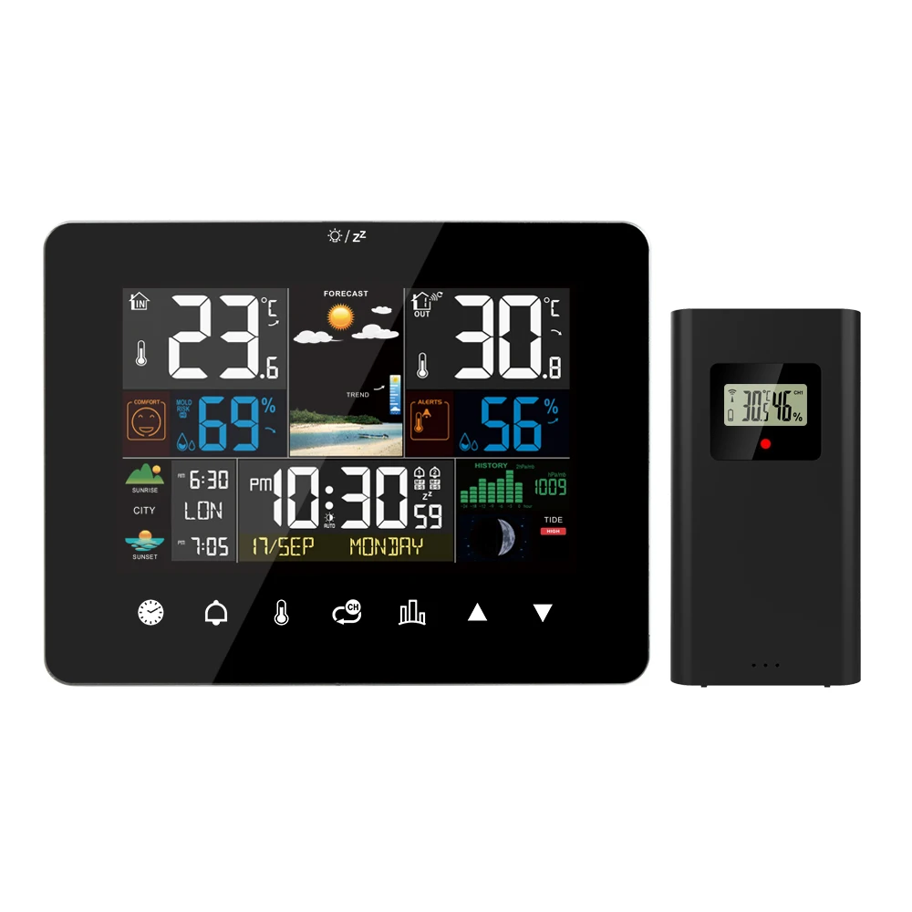 Touchscreen-Wetters tation Digital Indoor Outdoor Temperatur Feuchtigkeit messer Tisch Schreibtisch uhren mit Sensor Wetters tation