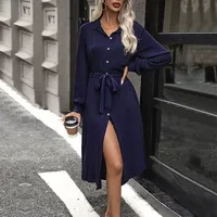 Robe chemise en viscose à manches longues, coupe ajustée, couleur unie, style décontracté pour le quotidien, disponible en bleu marine et noir, vente en gros avec faible MOQ