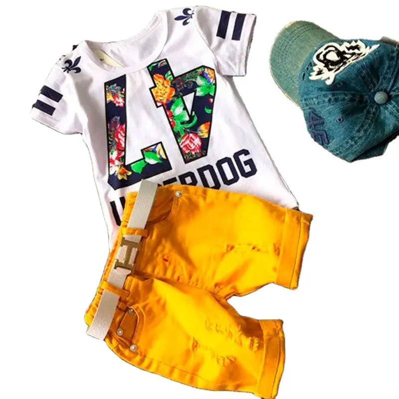 Zwei Stück New RTS Casual Sommer Kurzarm Baby Jungen Kleidung Kinder Baumwolle Kleidung Mode T-Shirt Shorts Sets mit Gürtel