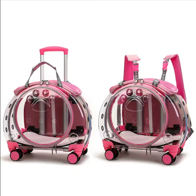 Transparent Breathable Convenient Pet Dog Trolley Case Cat Carriers Travel Shoulder Bag with Wheels