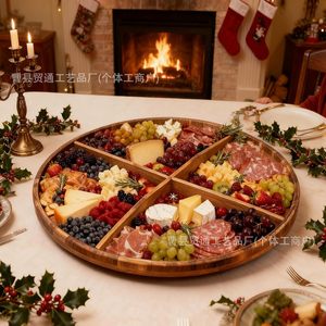 Wooden Round <b>Tray</b> Four Compartment <b>Snack</b> Platter For Cheese Fruit Meat Biscuits Household Serving Dish - Product Image 2