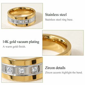 Anillo de Dos Tonos con Tres Circonitas, Acero Inoxidable, Chapado en Oro de 14K al Vacío, Joyería con Banda de Circonitas - Product Image 2