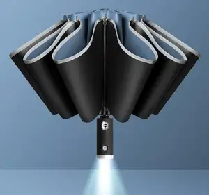 Paraguas automático para regalos de negocios, manija de luz LED reflectante inversa 190T PG, 3 pliegues, con impresión de logotipo