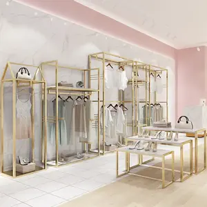 hanger light luxury Clothing store display rack double-layer clothes hanger floor-standing solid wooden shelf clothing store