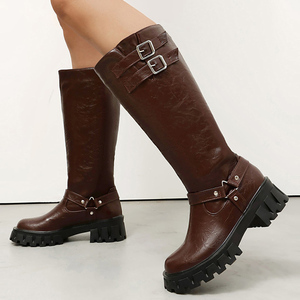 Wholesale Women Low Square <b>Heels</b> Long Knight Boots <b>Round</b> <b>Toe</b> Knee High Booties Metal Belt Buckles Ladies Thick Sole Shoes - Product Image 1