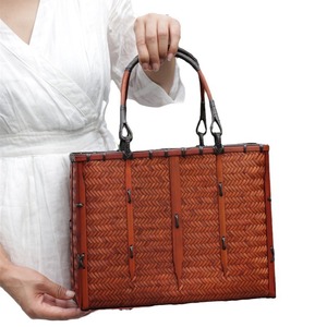 Handmade Bamboo Woven Tote Bag Vintage Chinese Style Solid Color Craft Basket For Tea Ceremony Storage - Product Image 5
