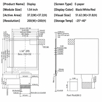 Écran E-Ink de 1,54 pouces, interface SPI, résolution 200x200, taille d'écran 53,8x53,8 mm, montage du connecteur pour appareils électroniques portables