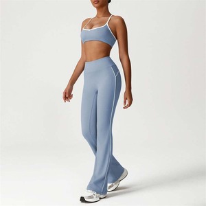 2025 Hot Sale Women's Contrast Color Casual <strong>Sport</strong> Exercise Sets <strong>White</strong> Line Trim <strong>Bra</strong> Flared Pants Gym Yoga 2pieces Fitness Sets - Product Image 6