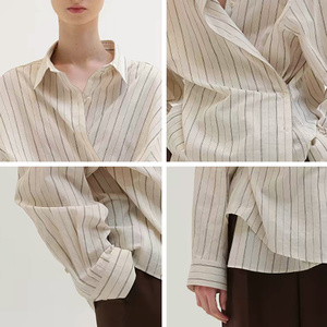 Camicia da <span class=keywords><strong>Donna</strong></span> Personalizzata con Colletto Rovesciato a Righe Verticali, Maniche Lunghe, Bottoni Asimmetrici, Stile Casual OEM ODM BSCI - Product Image 2
