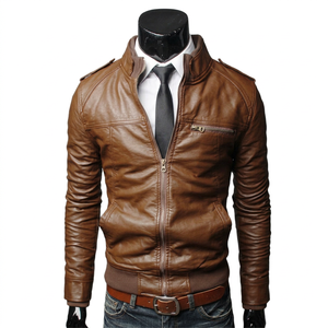 Veste en cuir PU marron pour homme, col montant, fermeture éclair, coupe ajustée, coupe-vent, décontractée, style motard, automne - Product Image 1