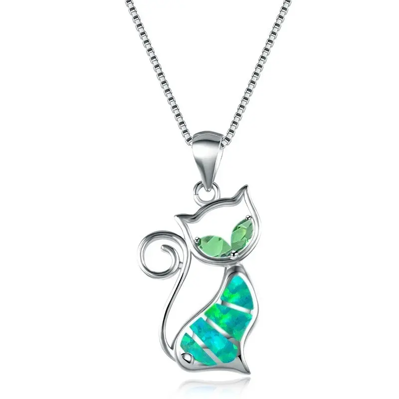 Silver Sea Life Jewelry Cat Shape Blue Fire Opal Pendant Necklace