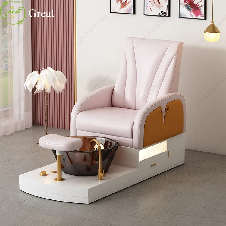 Cadeira de manicure luxuosa para salão de beleza, cadeira de manicure para pés em couro rosa, cadeira de pedicure com luzes LED