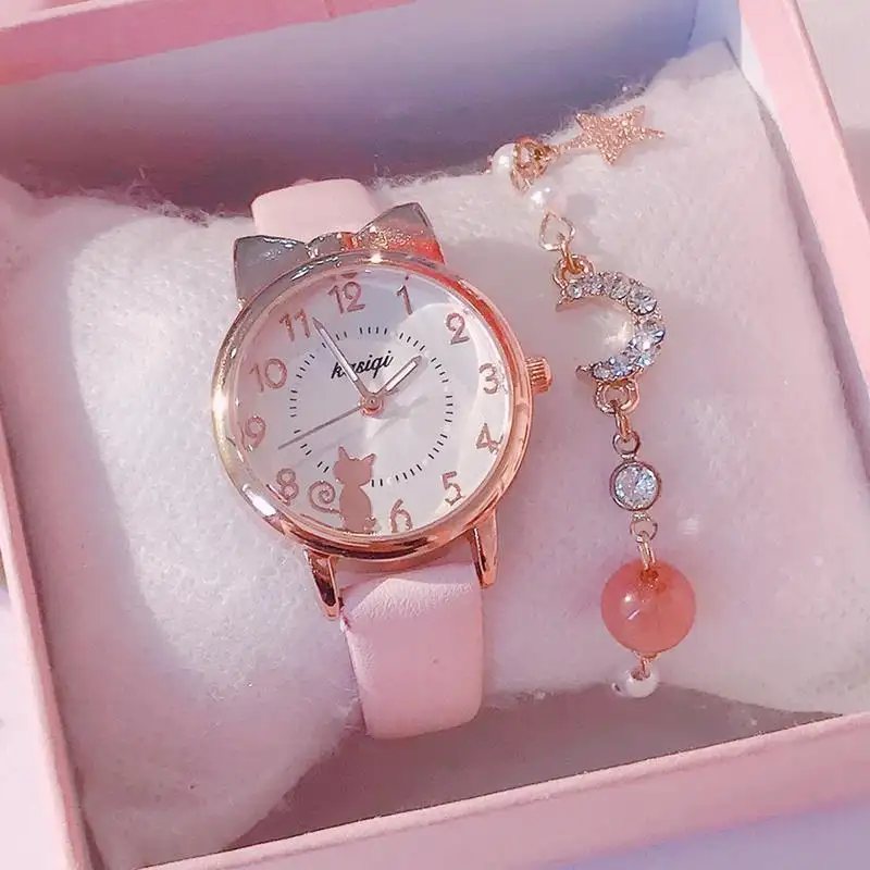 Fashion trend Cute ears Kitten Dial belt Quartz watch + flower bracelet children's alarm clock