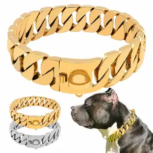 Logo Kustom Baja Tahan Karat Pengunci Logam Bling 32Mm Rantai Tautan Kuba Emas Besar Kerah Anjing Pitbull Bully