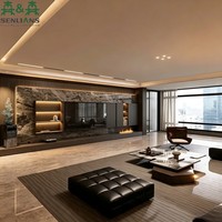 Meuble TV mural moderne en texture pierre, console TV intégrée de luxe avec accents cannelés et rangement LED pour villa