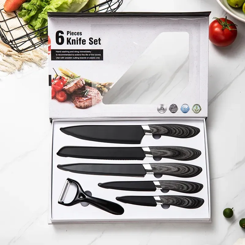 Küchenmesser-Sets 6-teiliges Antihaft-Messer mit schwarzer Beschichtung und Geschenk box