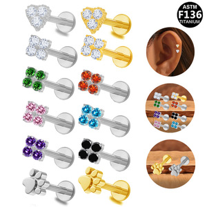 Clous d'oreilles en titane, forme de fleur, incrustation de cristal, design cœur, pour piercing d'oreille, cadeau, titane ASTM F136 - Product Image 1