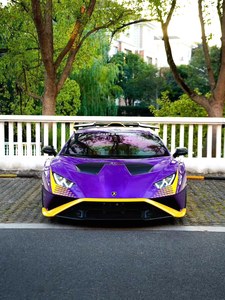 Voiture de course homologuée Huracan <span class=keywords><strong>STO</strong></span> d'occasion, kit aérodynamique entièrement en carbone, peinture personnalisée violet-jaune, faible kilométrage, côté gauche. - Product Image 1