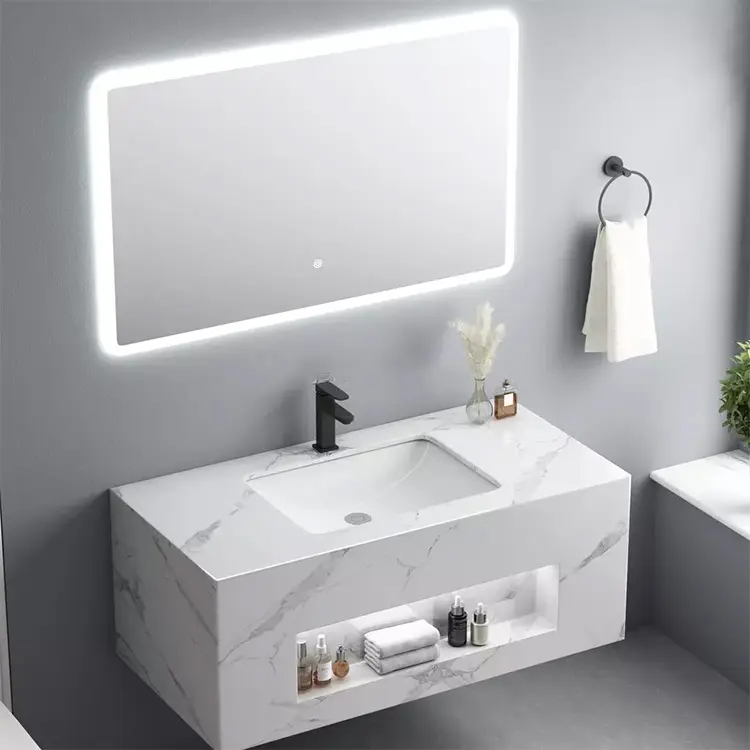 Armoire de salle de bain en pierre artificielle articles sanitaires vanité en dalle de marbre blanc lavabo moderne lavabo à double paroi