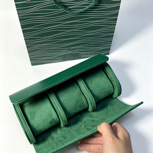 Étui à montres en similicuir vert, 3 emplacements, doublure en velours, fermeture à pression, organisateur de rangement protecteur - Product Image 5