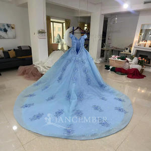 Jancember ANY26 elegantes lentejuelas azules 3D floral noche Quinceañera vestidos para niña - Product Image 6