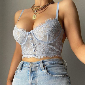 Mujeres regordetas Sexy Madura Tallas grandes Casual Cuello en V Lencería transparente Sólido Corto Tan Crop Top Sujetador de encaje de espagueti - Product Image 2