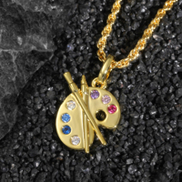 Pendentif Créatif Palette de Peinture et Pinceau, Plaqué Or 14 carats, Zircon Multicolore, Style Hip Hop, Vente Directe Usine