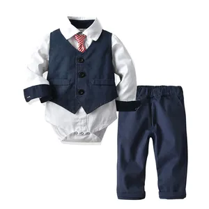 ZHG150 Autumn Baby Boy Gentleman Clothing White Top with Bow Tie+Striped Vest+Trousers 3Pcs Formal Kids Clothes Set
