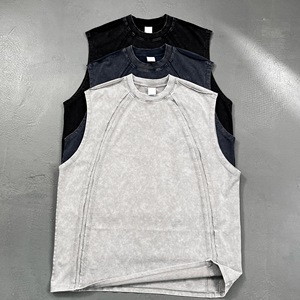 Haut sans manches Streetwear européen-américain à la mode 275G Batik Patchwork avec bord vintage lavé et brut - Product Image 2
