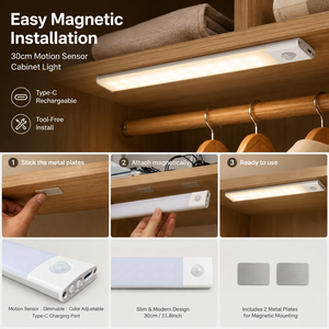30CM Rechargeable Motion Sensor Cabinet <b>Light</b>, 30 LED 3 Color Dimmable Type-C Under Cabinet <b>Light</b> for Kitchen Wardrobe Closet - Product Image 3