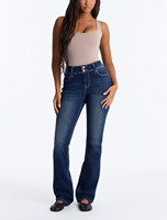 Jean évasé taille haute pour femme, coupe ajustée, double boutonnage, bleu foncé, surpiqûres contrastées, style rétro décontracté, vente en gros