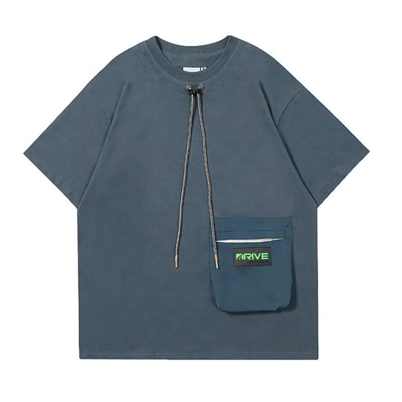OEM benutzer definierte Rubber Patch Herren T-Shirts ziehen Kordel zug T-Shirt 3D-Tasche Kurzarm T-Shirts