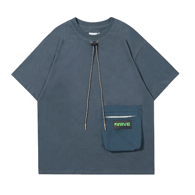 OEM Custom 3D Pocket Short Sleeve T-Shirts with Pull Cord Drawstring Mens 3D Letter Pattern T-Shirt