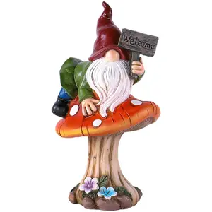 Miniature Fairy Garden Gnome Resting on Mushroom w/ Welcome Sign