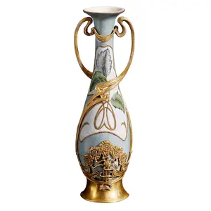 欧式陶瓷带铜美式陶瓷装饰花瓶客厅门廊家居餐桌花瓶插花