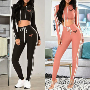 Ensemble de survêtement pour femmes et filles, sweat-shirt à capuche respirant uni, col ras du cou, en molleton noir et jogging - Product Image 3