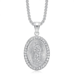 Hip Hop Religioso Titanio Acero Joyería Rhinestone CZ Blessed Saint Hail Virgen María Colgante Collares - Product Image 2
