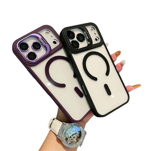 Magnetic Phone Case with Lens Protector Stand for 17 16 15 Pro Max Shockproof Anti-Yellowing Mobile Cover