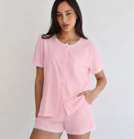 Pyjama d'été pour femmes QINSI, vêtements de nuit à manches courtes, dentelle, deux pièces, tricot côtelé, vêtements de maison pour femmes