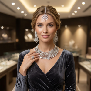 Luxury <b>Silver</b> Plated Cubic Zirconia <b>Choker</b> Necklace Earrings Maangtikka Bridal Brass Jewellery Set For Women - Product Image 3