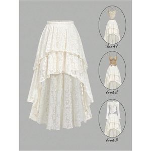 FOXA Women's Floral <b>Lace</b> Long Skirt Asymmetrical <b>Elastic</b> Waist Ruffle Layered Mesh Flowy Boho Vintage Style - Product Image 5