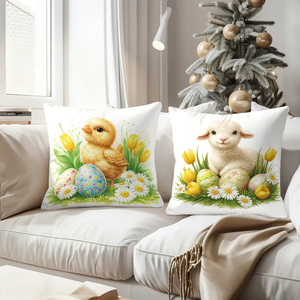 Bahar dekorasyonu için renkli yumurtalar, tavşan, civciv, kuzu ve lale desenli Paskalya süs yastıkları - Product Image 4