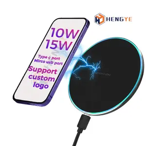 Chargeurs sans fil 15W avec logo personnalisé universel Chargeur rapide Portable Rond en alliage d'aluminium 10W Lumière LED Pad de charge sans fil