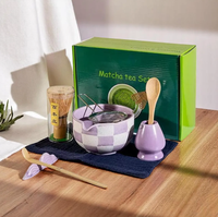 Ensemble de thé matcha en céramique japonaise à carreaux personnalisé en gros, ensemble de fouet à matcha pour cérémonie, ensemble de bol à matcha en céramique