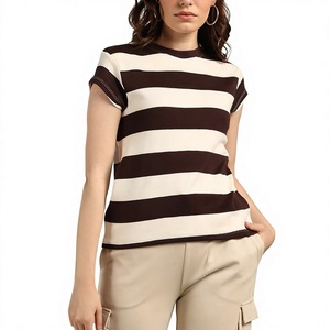 Camiseta de Mujer a Rayas con Manga Casquillo y Cuello Redondo, Corte Regular, Tejido de Algodón, Estilo Casual - Product Image 1